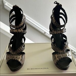 BCBGMaxAzria Black and Brown Snakeskin Heels